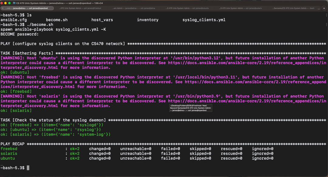 Ansible playbook configuring syslog clients across Ubuntu, FreeBSD, and Solaris